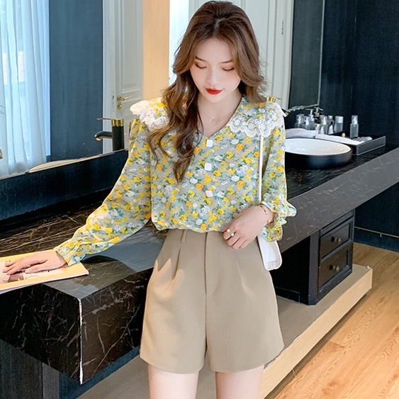 Áo chiffon dáng rộng tay dài họa tiết hoa thời trang dịu dàng cho nữ viền ren cổ