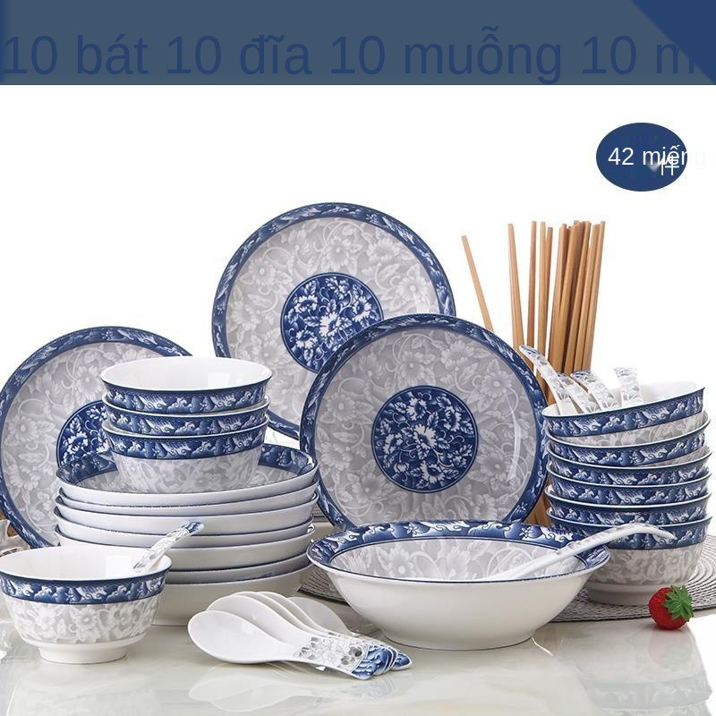 XBộ bát đĩa 10 người hộ gia đình Jingdezhen đồ ăn đơn giản gốm sứ kết hợp Trung Quốc