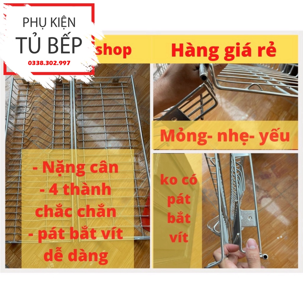 Bộ giá bát đĩa 3 tầng inox lắp tủ bếp kèm khay hứng nước inox bền đẹp chắc chắn