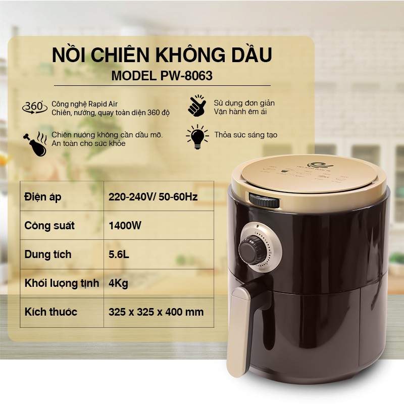 Nồi chiên không dầu dung tích 5,6L công Nghệ Hàn Quốc,dễ Dàng Sử Dụng, An Toàn Sức Khỏe VS8063