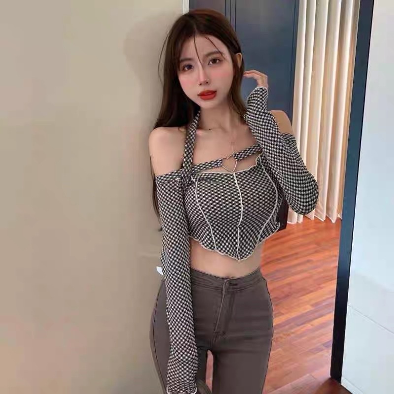 áo len dệt kim hoạ tiết caro kiểu trễ vai mix dây &amp; trái tim sexy (56305#)