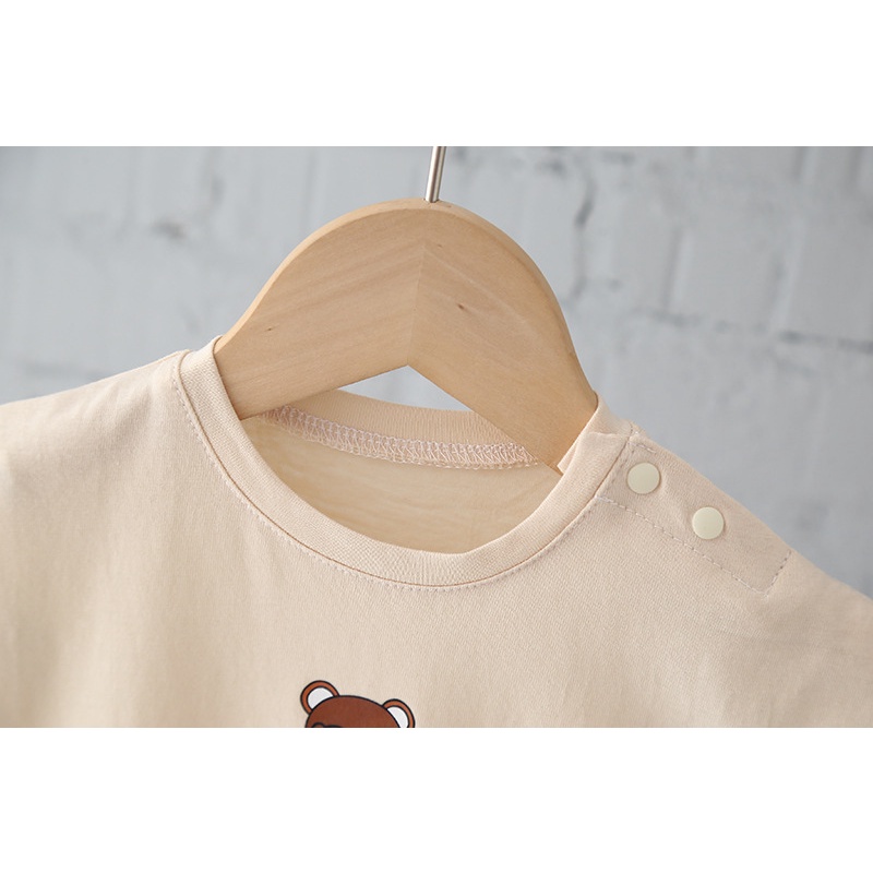 Áo Liền Quần Bằng Cotton Tay Ngắn In Chữ Và Gấu Hoạt Hình Dễ Thương Dành Cho Bé 0-2 Tuổi