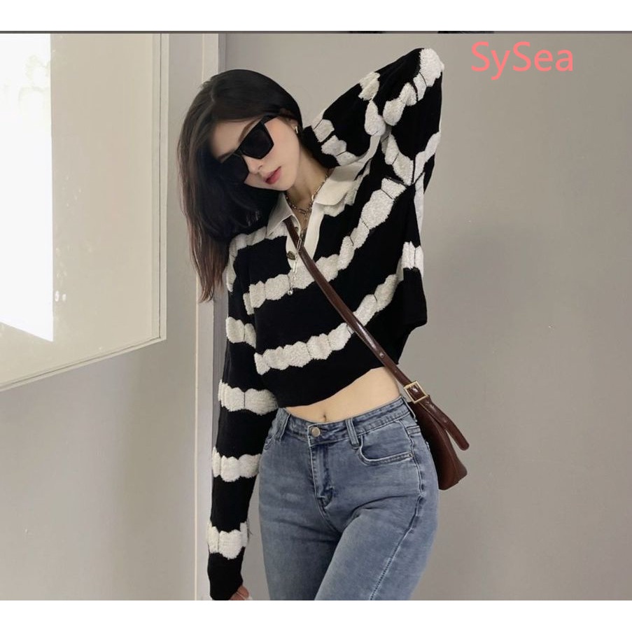 Áo Croptop Dệt Kim Cổ Polo Họa Tiết Kẻ Sọc Thời Trang Mùa Thu Quyến Rũ Cho Nữ