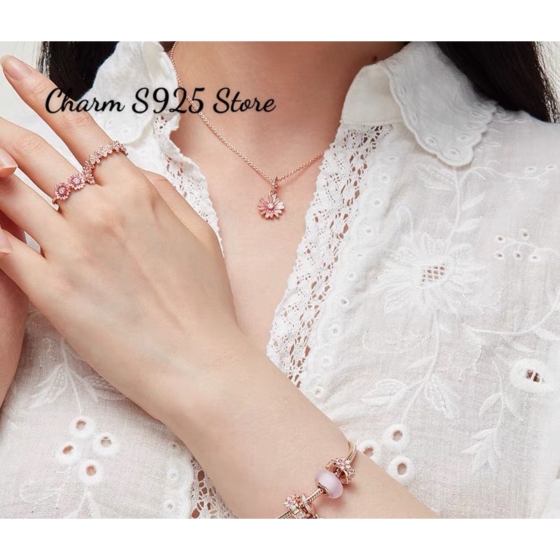 combo dây chuyền + 1 mặt charm pan hoa cúc hồng bạc s925 cao cấp