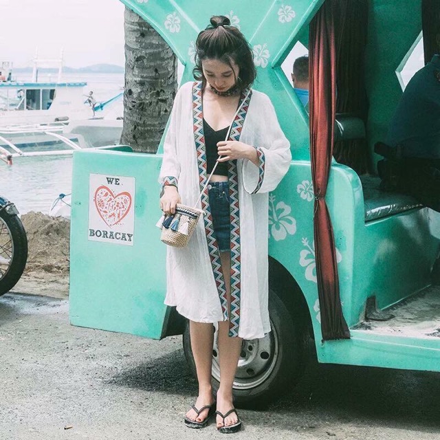Áo Kimono Mix Thổ Cẩm Trắng Đen