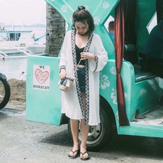 Áo Kimono Mix Thổ Cẩm Trắng Đen