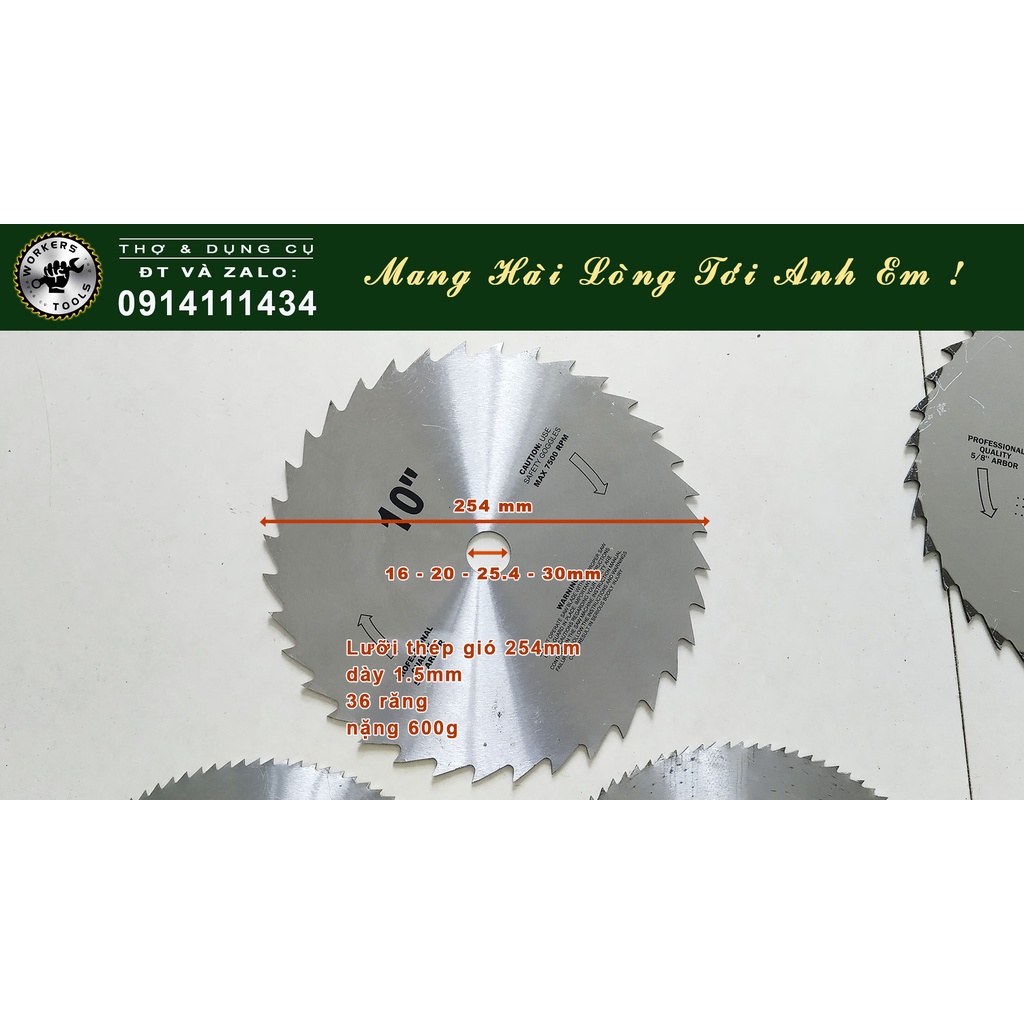 LƯỠI CƯA GỖ NHẬT BÃI THÉP  254mm, 36 RĂNG, CỐT 16 - 20 -25.4 - 30mm, DÀY 1.5mm - CHƯA QUA SỬ DỤNG