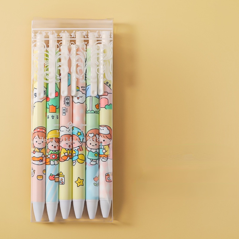 Set 6 Bút Bi Đen Họa Tiết Hoạt Hình Cho Học Sinh
