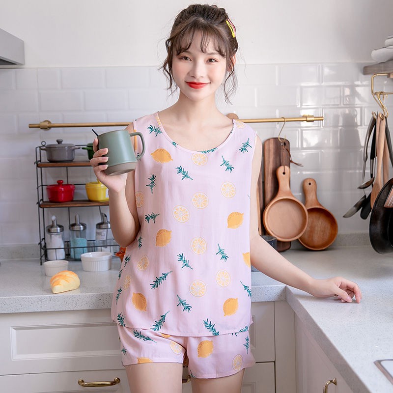 Bộ Đồ Ngủ Gồm Áo Không Tay Và Quần Ngắn Bằng Cotton Lụa Thời Trang Mùa Hè Dễ Thương Dành Cho Nữ | BigBuy360 - bigbuy360.vn
