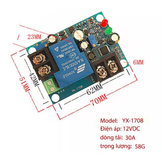 YX1708 - Mạch kiểm soát và điều khiển tự động sạc bình ắc quy 12VDC 30A