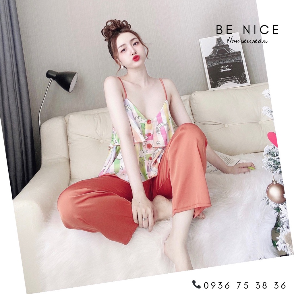 Set lụa dây dài phối màu và họa tiết xinh xắn cho nàng nhà Be Nice Homewear