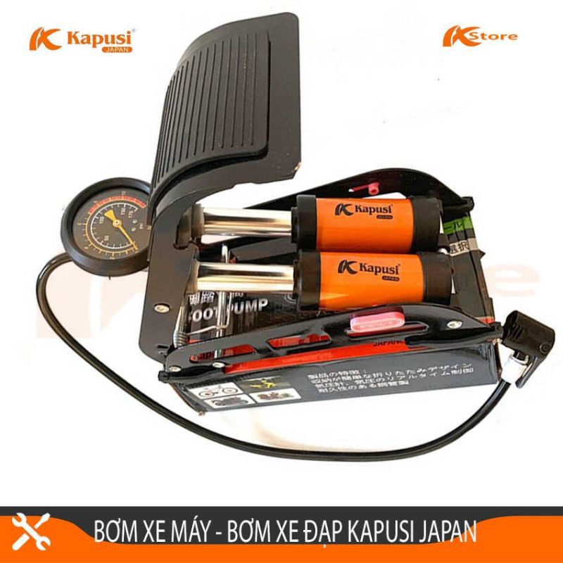 Bơm xe máy đạp chân Kapusi, ống bơm lốp ô tô 2 xilanh