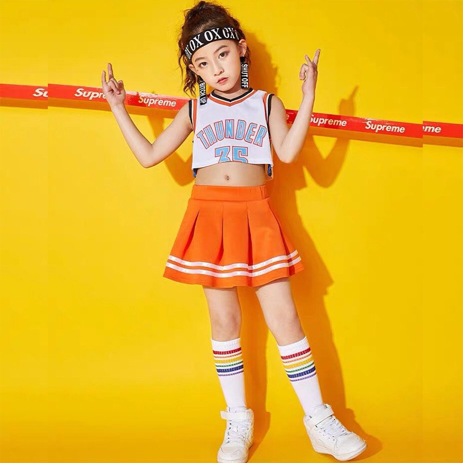 Trang phục nhảy hiện đại trẻ em - Set chân váy cam phối áo Crop Thunder 35