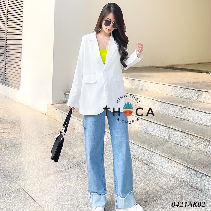 Áo blazer khoác vest trắng túi nấp thiết kế dây kéo tà sau THOCA HOUSE công sở thanh lịch, sang trọng