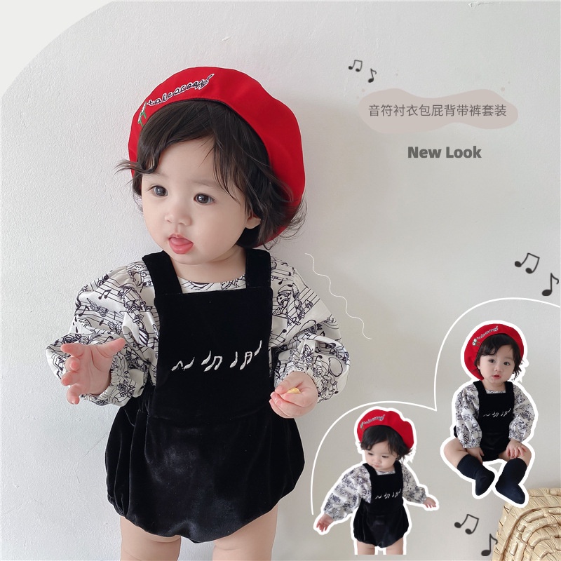 Set Áo Tay Phồng + Quần Yếm Phong Cách Hàn Quốc Thời Trang Mùa Thu Cho Bé Gái