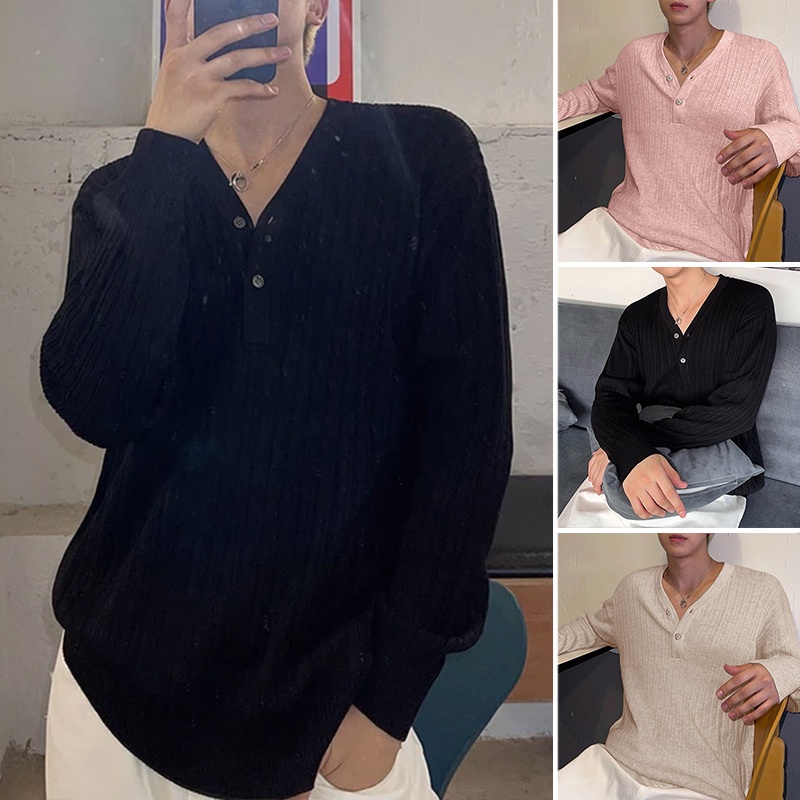 Áo sơ mi nam tay dài cổ chữ V kiểu dáng đơn giản