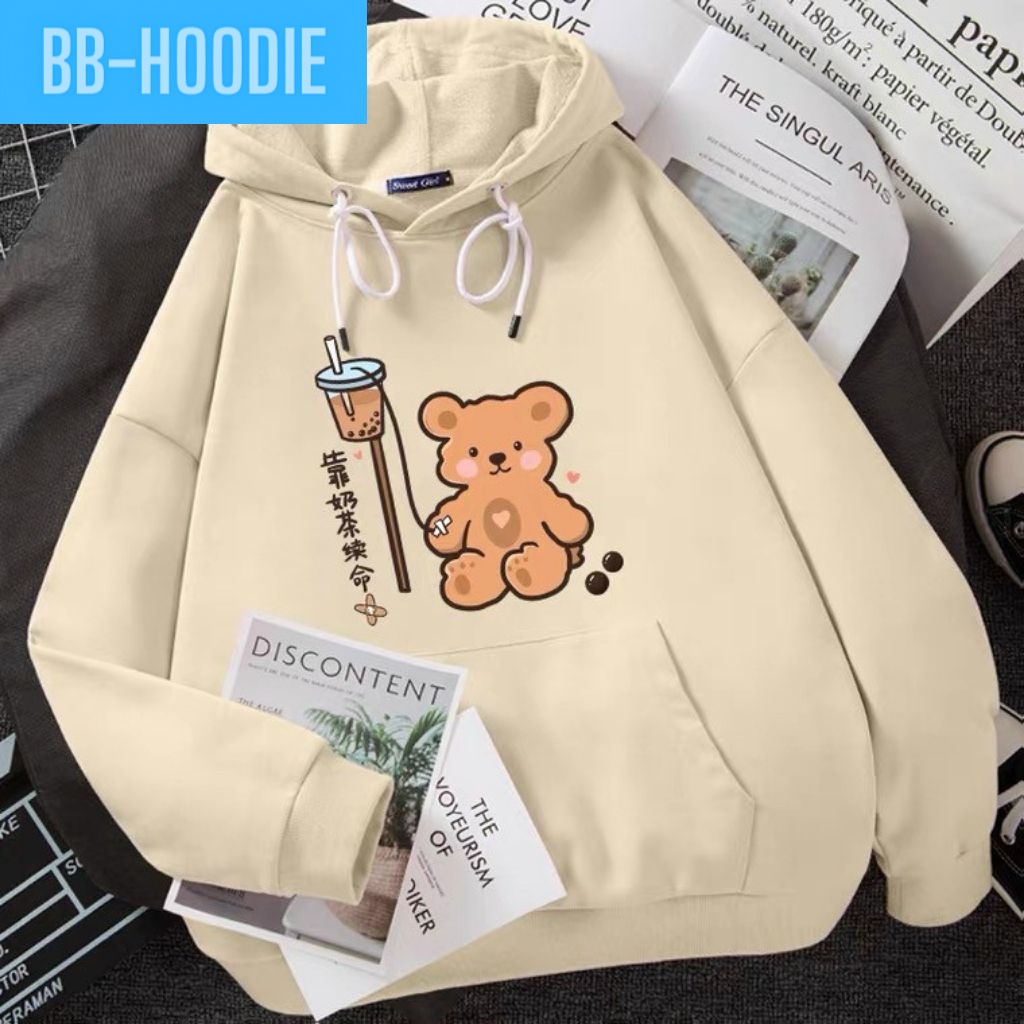 ÁO KHOÁC HOODIE NỈ BÔNG IN GẤU LY TRÀ SỮA ÁO KHOÁC HOODIE LOCAL BRAND NỮ
