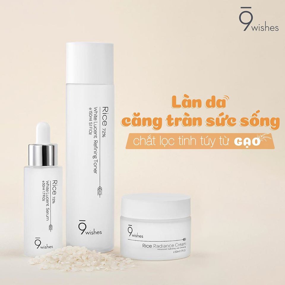 Bộ 3 Sản Phẩm Dưỡng Da Trắng Sáng Và Cấp Ẩm 9 Wishes Rice 72% White Lucent (Toner 150ml , SR 50ml + Kem 50ml)