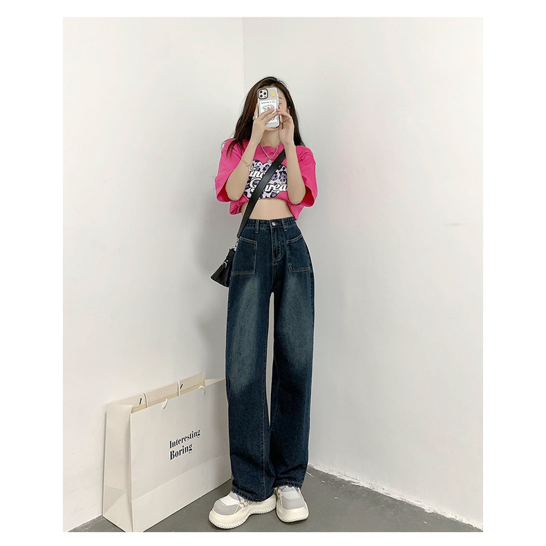 QUẦN JEANS ỐNG RỘNG NỮ LƯNG CAO 2 TÚI THANG TRƯỚC XANH ĐẬM PHUN THỜI TRANG TRẮNG ĐÙI DÀY DẶN MỀM MỊN HADI