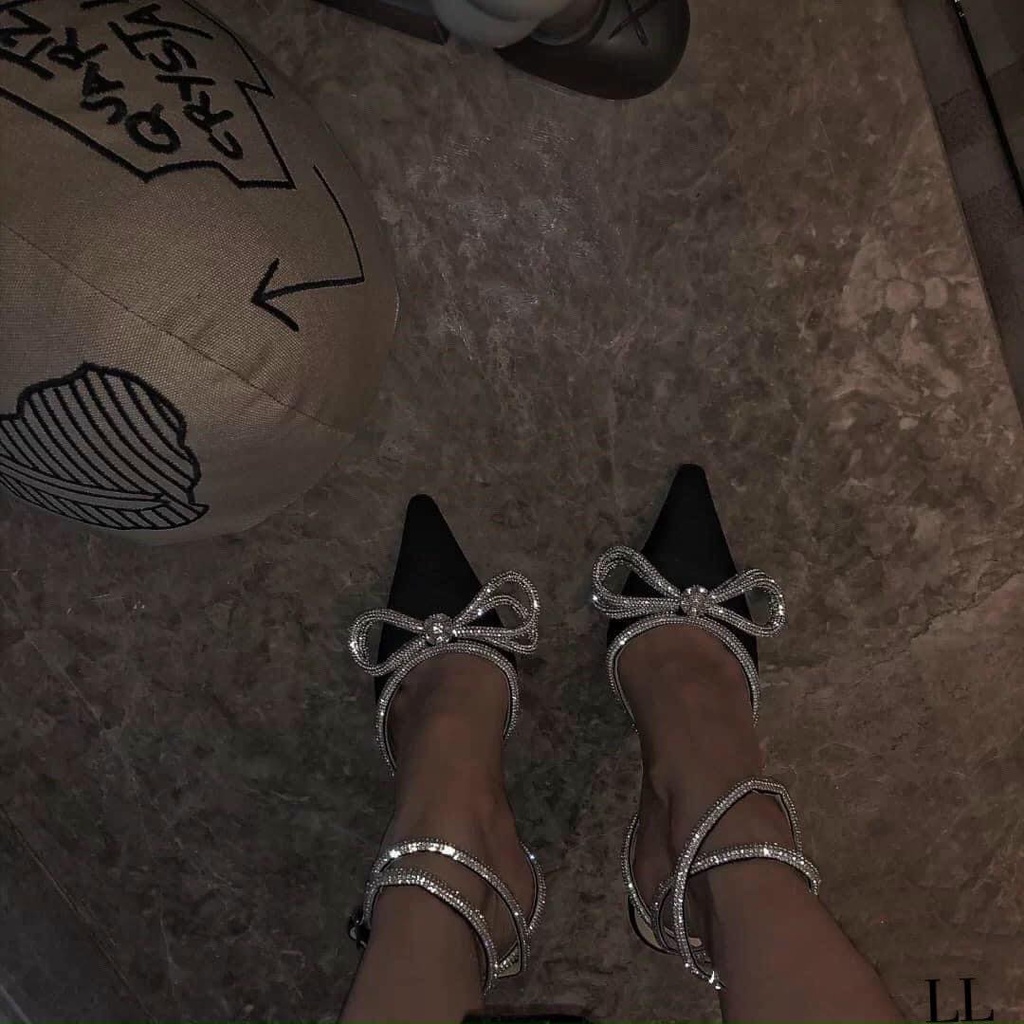 Sandal cao gót nơ đá dây đá 7p