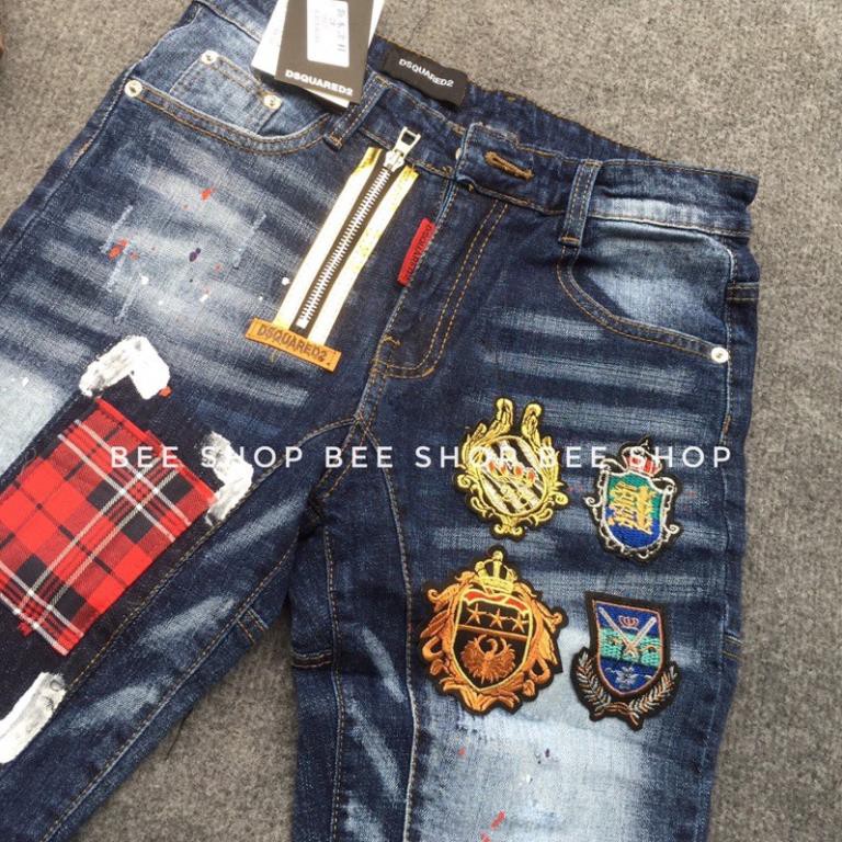 Quần bò ngố nam Dsq đính huy hiệu vá đỏ , quần jean nam, quần short bò 4 logo - Bee Shop 😘