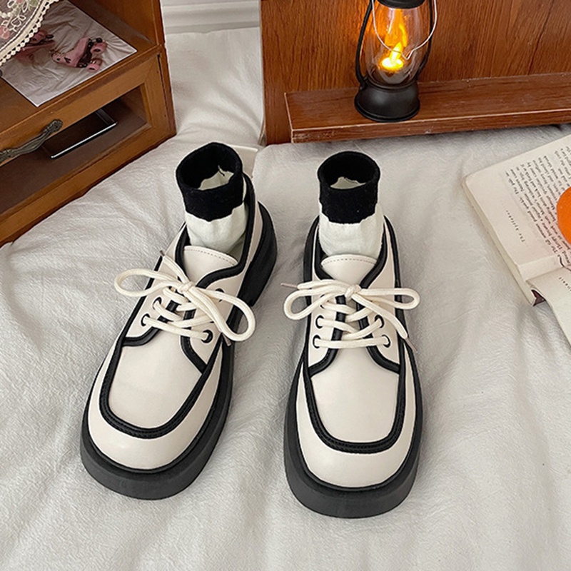 Giày Da Mũi Vuông Đế Dày Buộc Dây Kiểu retro Anh Dễ Thương Cho Nữ