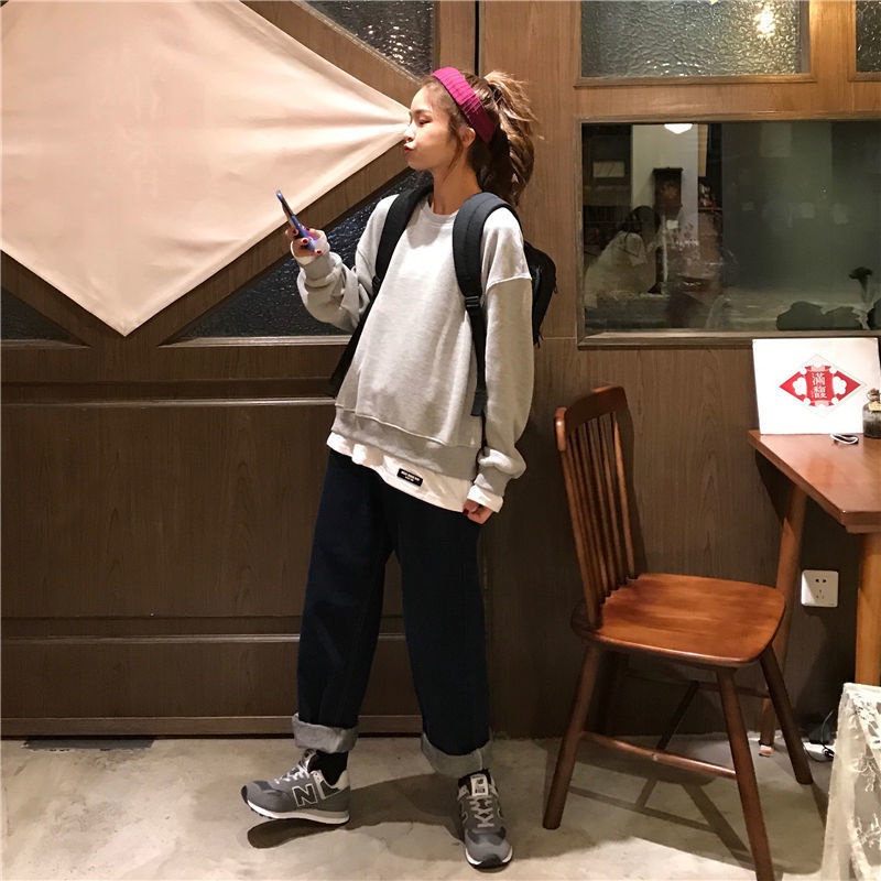 Áo sweater dáng rộng IELGY tay dài cổ tròn phong cách Hàn Quốc thời trang cho nữ