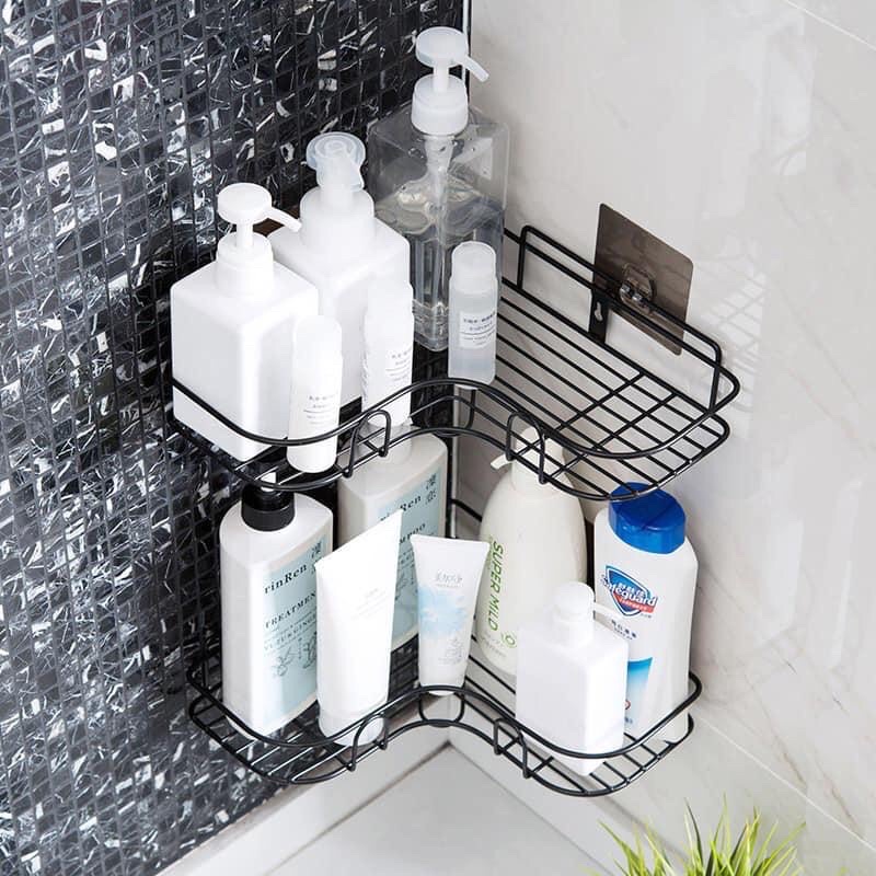 Kệ góc sắt đen treo tường nhà tắm, nhà bếp kèm dán tường chịu lực siêu chắc