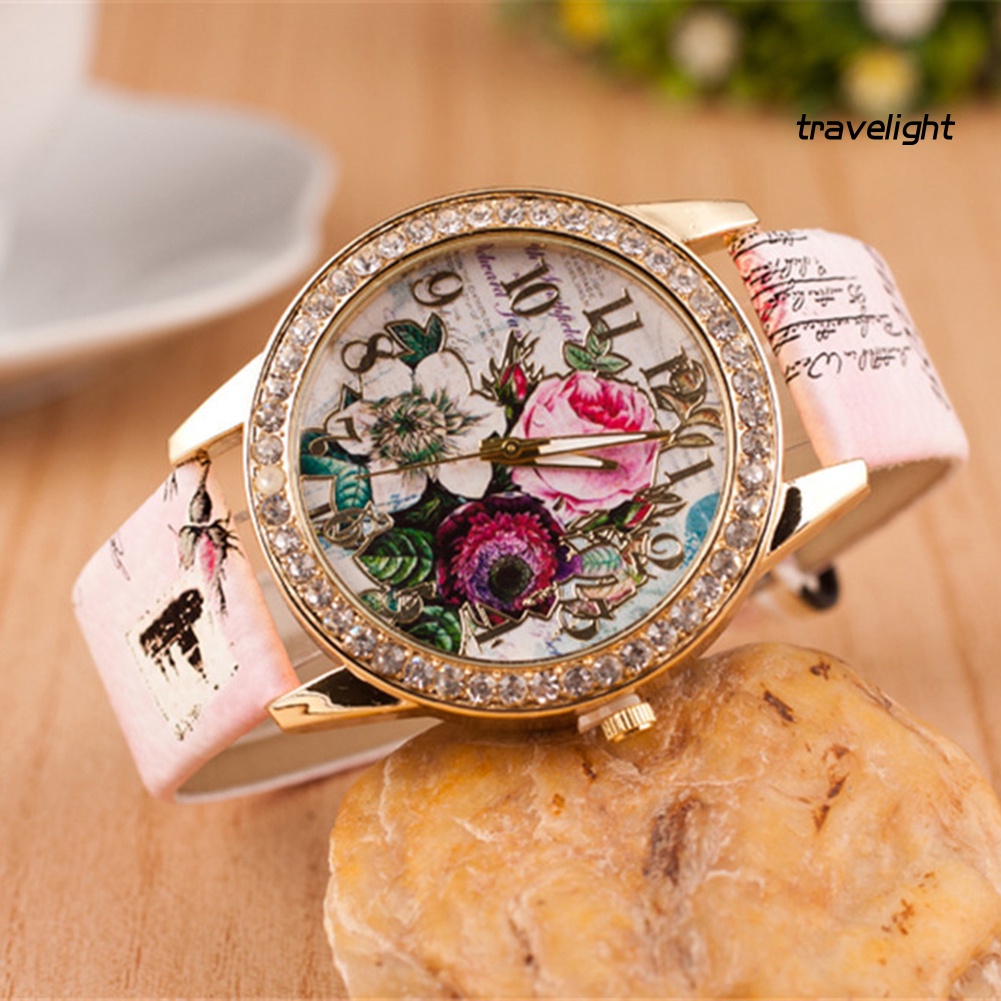 Đồng Hồ MặT TròN ĐíNh Đá HìNh Hoa Dây Đeo Giả Da ThờI Trang Cho Nữ