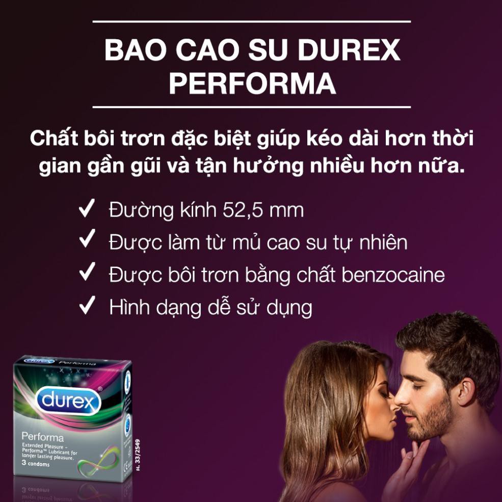 Bộ 3 hộp bao cao su Durex Performa 3 bao/hộp, Bcs Performa Chứa Nhiều Gel Bôi Trơn, Kéo Đài Thời Gian Yêu (Size 52mm)