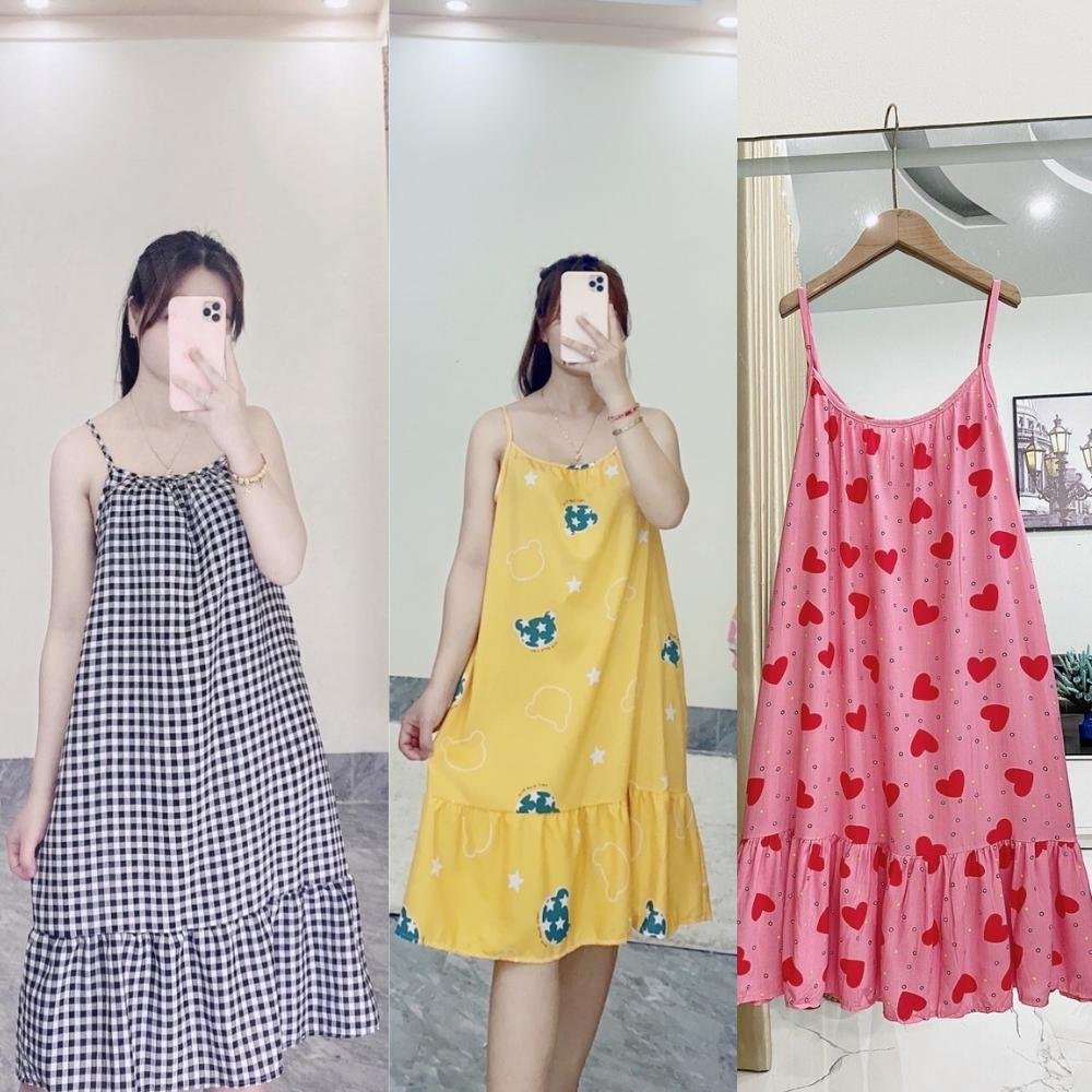 Váy Bầu Hai Dây Mặc Ngủ Mùa Hè Ở Nhà Lanh Lụa Mát Mẻ , Thấm Hút Mồ Hôi