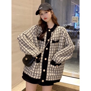 (Sẵn trắng) Áo khoác Hàn Quốc / Áo cardigan kẻ ô nhỏ
