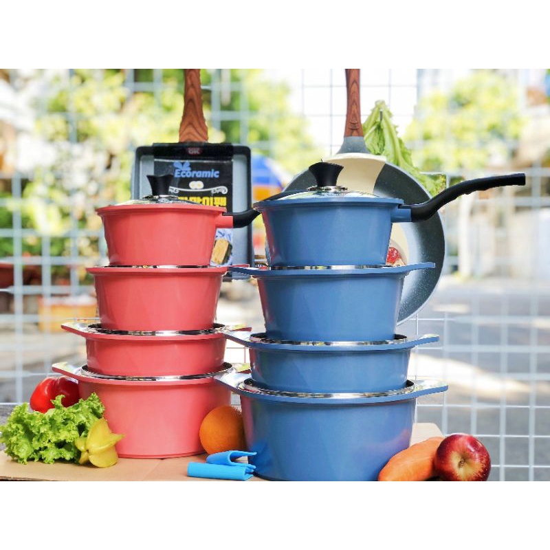 Bộ 4 Nồi Đá Đáy Từ V-Line Ecoramic Hàn Quốc Size 18-20-22-24 Cm | Đúc Nguyên Khối | Cam Kết Chính Hãng