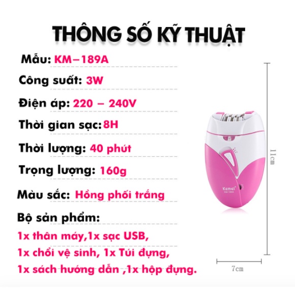 Máy Tỉa, Cạo Lông Toàn Thân Chuyên Dụng Kemei KM-189A  An Toàn Cho Da,Máy Tẩy Lông Vùng Kín Sạc Điện Mini