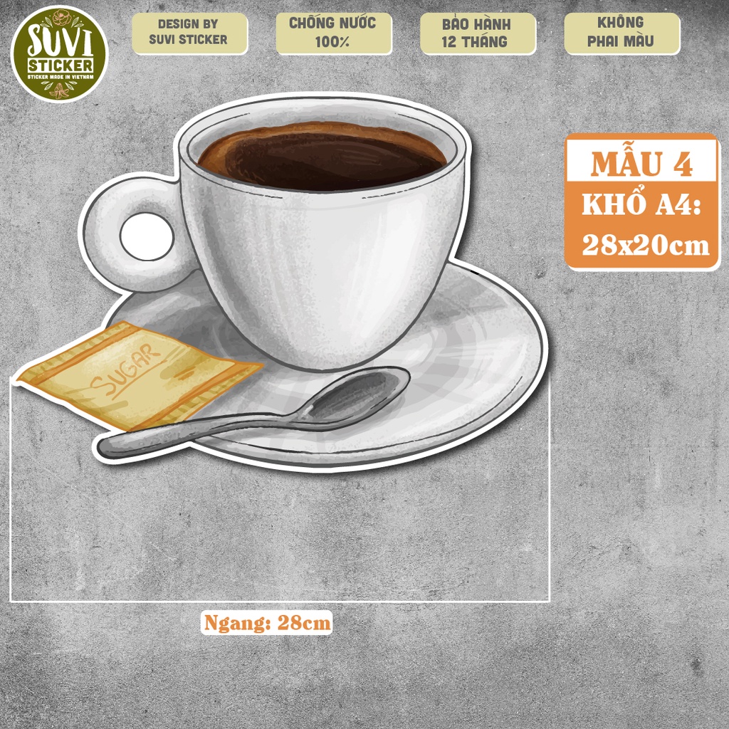Decal Cup of Coffee khổ lớn trang trí tường, dán kính, trang trí quán cà phê khổ A4, A5 chống nước. MSP: KL05