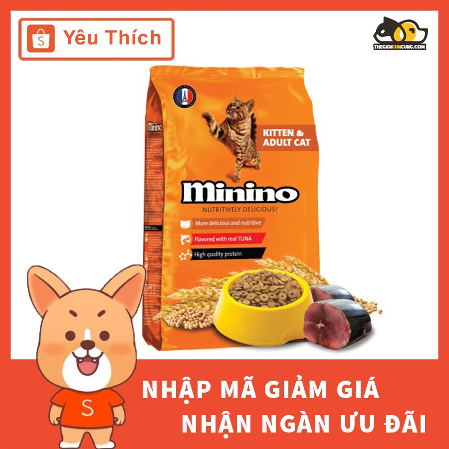 Thức Ăn Hạt Khô Minino Vị Cá Ngừ Cho Mèo Mọi Lứa Tuổi 1,3kg - Gói siêu tiết kiệm