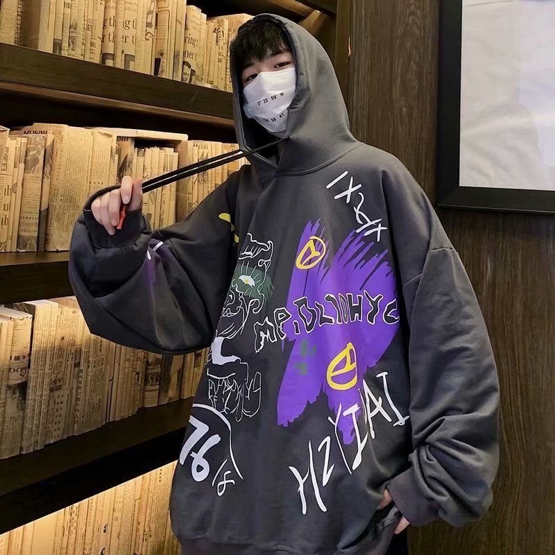 Áo hoodie dáng rộng tay dài in họa tiết graffiti gồm 3 màu sắc | BigBuy360 - bigbuy360.vn