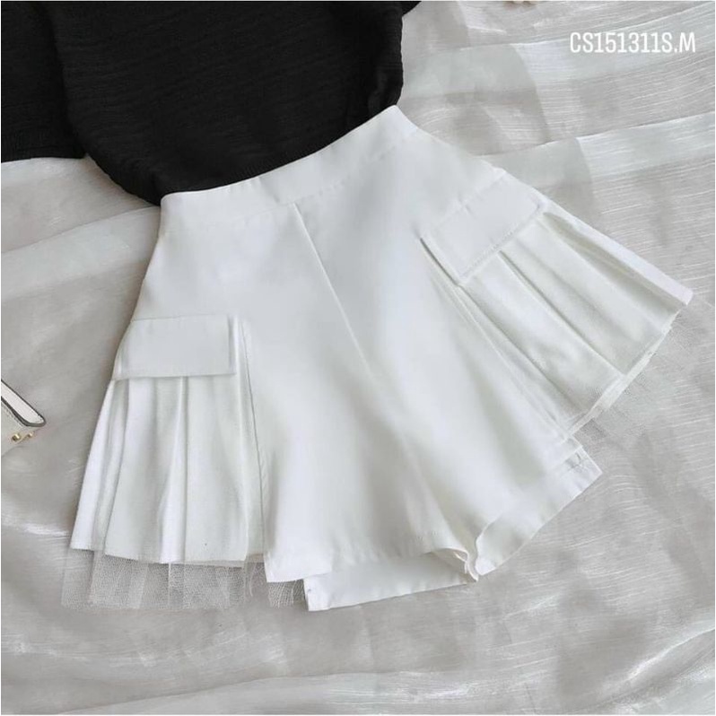 Quần giả váy xếp ly phối lưới