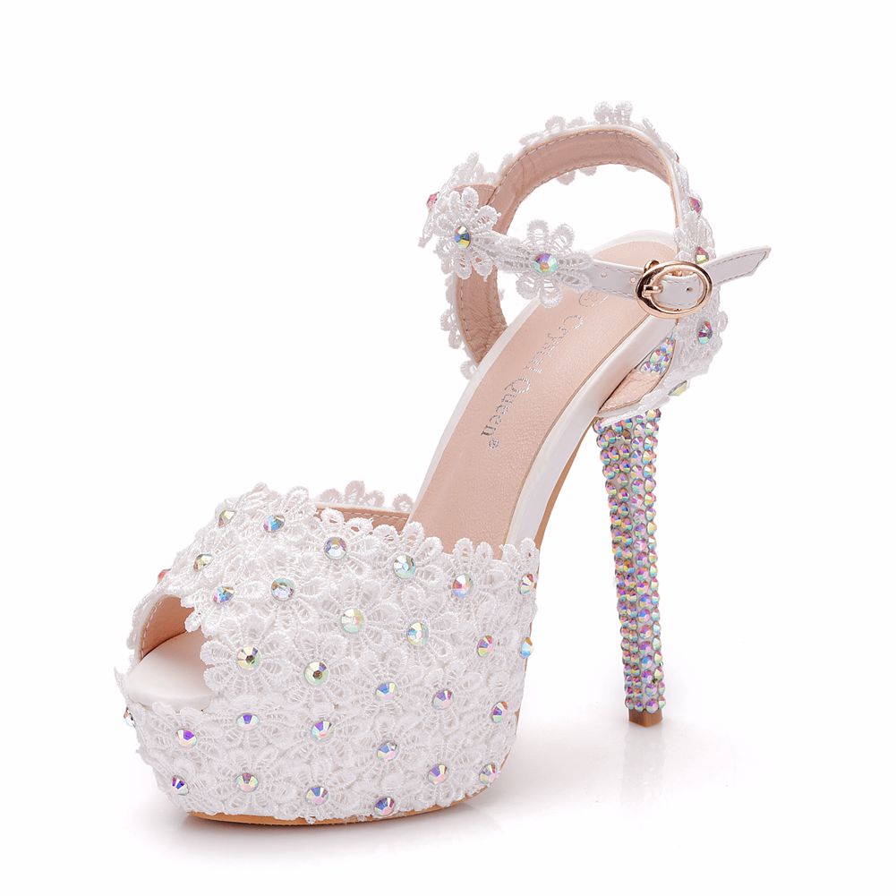 ★Đuôi★Giày Cao Gót 14Cm Hở Mũi Chống Thấm Nước Đính Đá Phối Ren Size Lớn Cho Đám Cưới