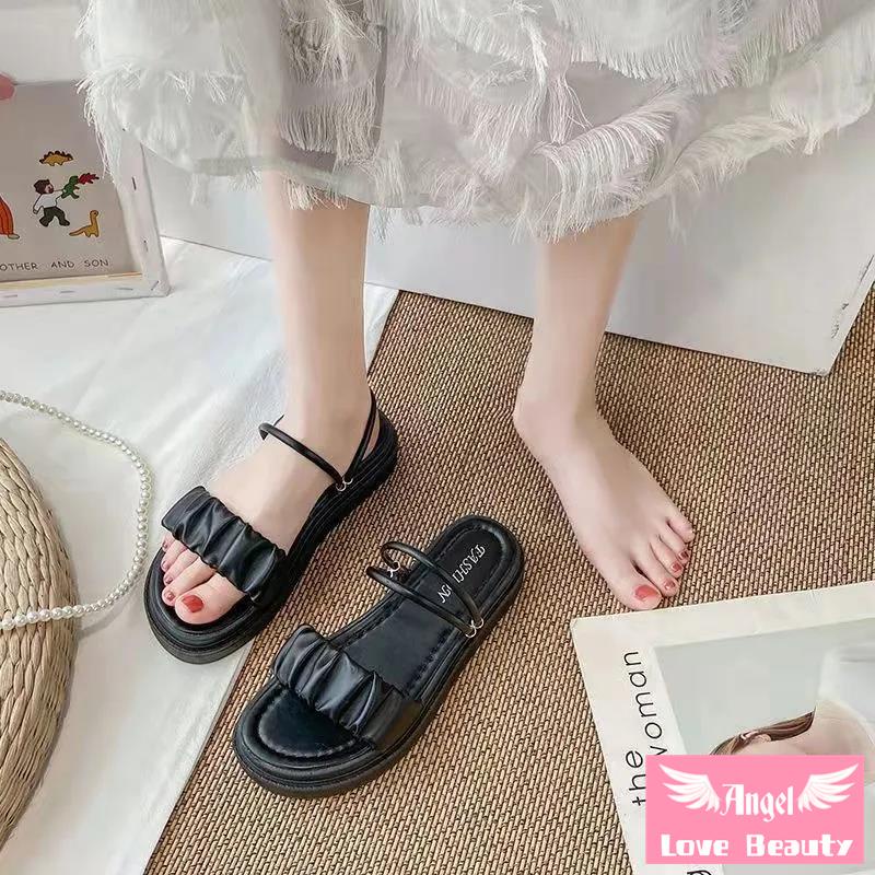 [Bán Chạy] ~ Sandal Đế Phẳng Mùa Hè 2021 Phong Cách Thần Tiên Với Chân Váy Dày Hai Lớp Phong Cách La Mã Dễ Phối Đồ Cho Nữ