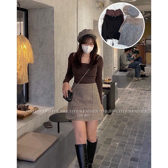 (Ảnh thật) Set áo thun zip cổ vuông và chân váy ziczac kèm mũ the.sweaterweather TSW