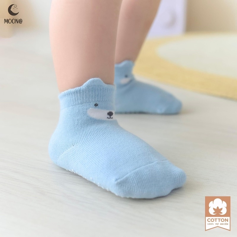 Moon - Set 2 đôi tất sơ sinh 100% Cotton tự nhiên chống trơn cho bé