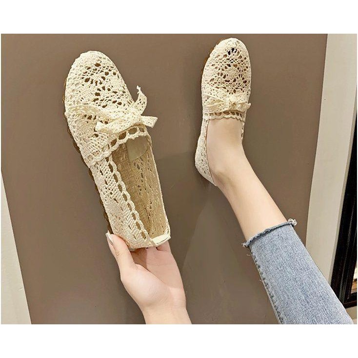 GIÀY BÚP BÊ REN ĐÍNH NƠ_slip on ren mềm êm chân