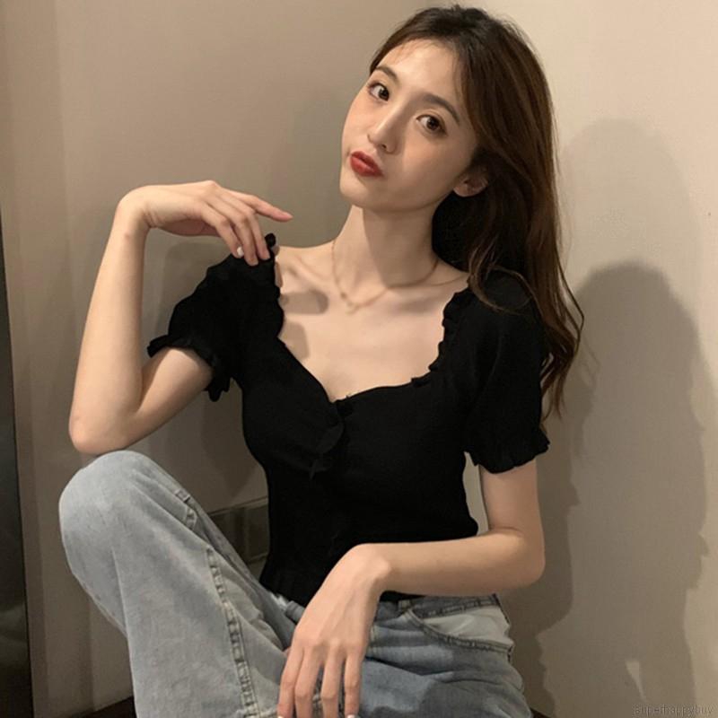 Áo Dệt Kim Nữ Tay Ngắn Cổ Chữ V Màu Trơn Gợi Cảm