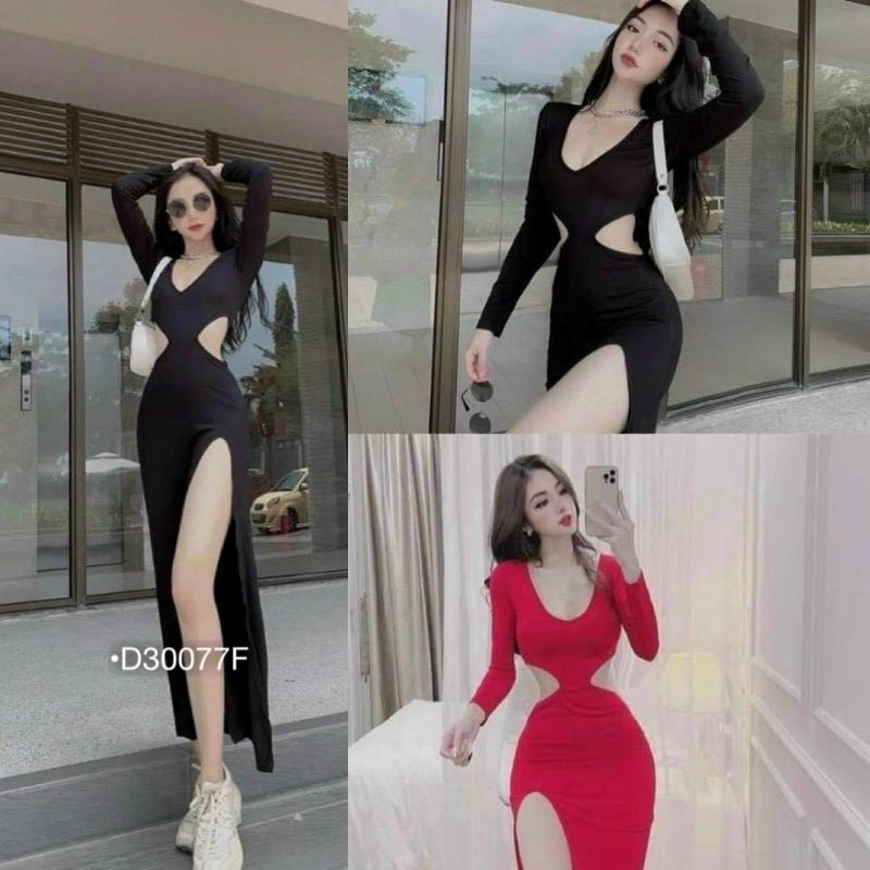 Đầm Maxi Dự Tiệc Nữ Dáng Ôm Váy Body Cut Eo Xẻ Tà Cao Tay Dài Thun Lụa Co Dãn Màu Đen/Đỏ Sang Chảnh