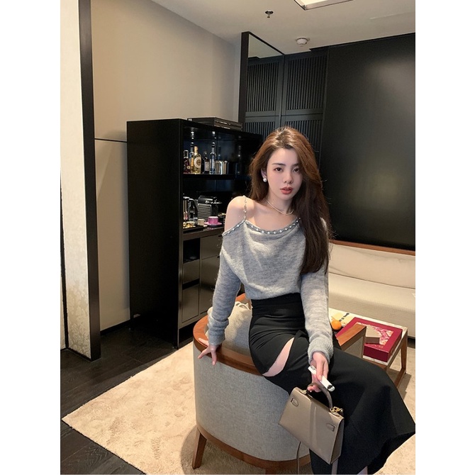 Porozi  Áo sweater dệt kim tay dài trễ vai phong cách Hàn Quốc thời trang cho nữ