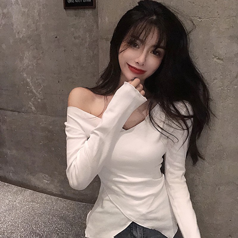 Áo thun hở vai cổ chữ V màu trơn thời trang quyến rũ cho nữ