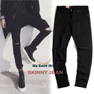 Quần Jean Nam Rách Gối Màu Đen Dáng SKINNY, Chất Jean Co Giãn Giặt Không Bay Màu