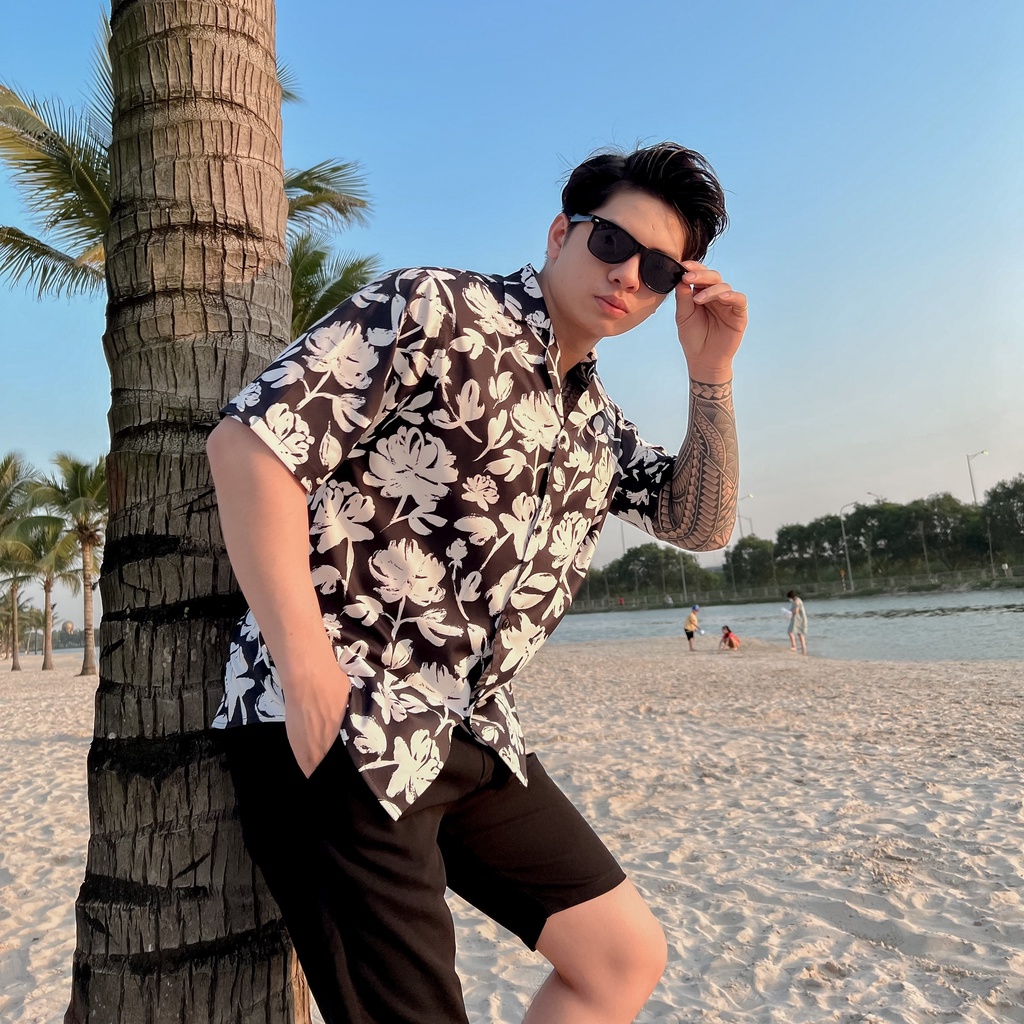 Áo sơ mi nam ngắn tay DEWE, vải lụa nhập khẩu chống nhăn thoáng mát,họa tiết Hoa Trắng - DEWE Cuban Shirt