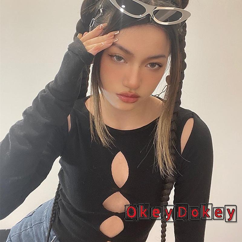 OKDK-Women´s Hollow Out Crop Tops Cold Shoulder Long Sleeve Solid Color Tight T-Shirts